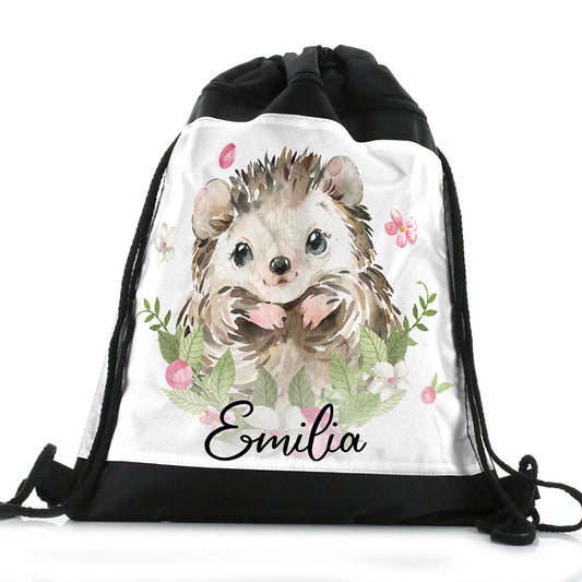Personalised Hedgehog Flowers and Name Black Drawstring Backpack