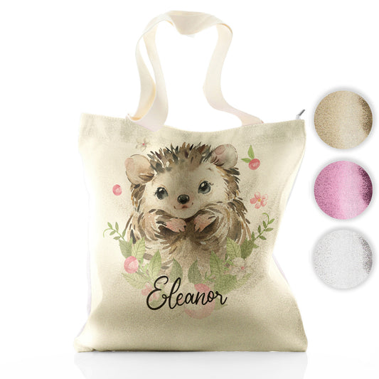 Personalised Glitter Tote Bag with Hedgehog Pink Flowers and Cute Text