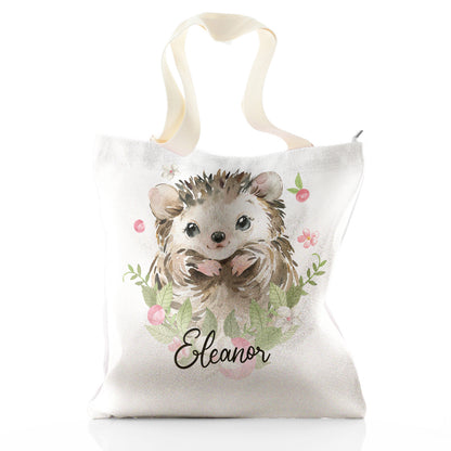 Personalised Glitter Tote Bag with Hedgehog Pink Flowers and Cute Text