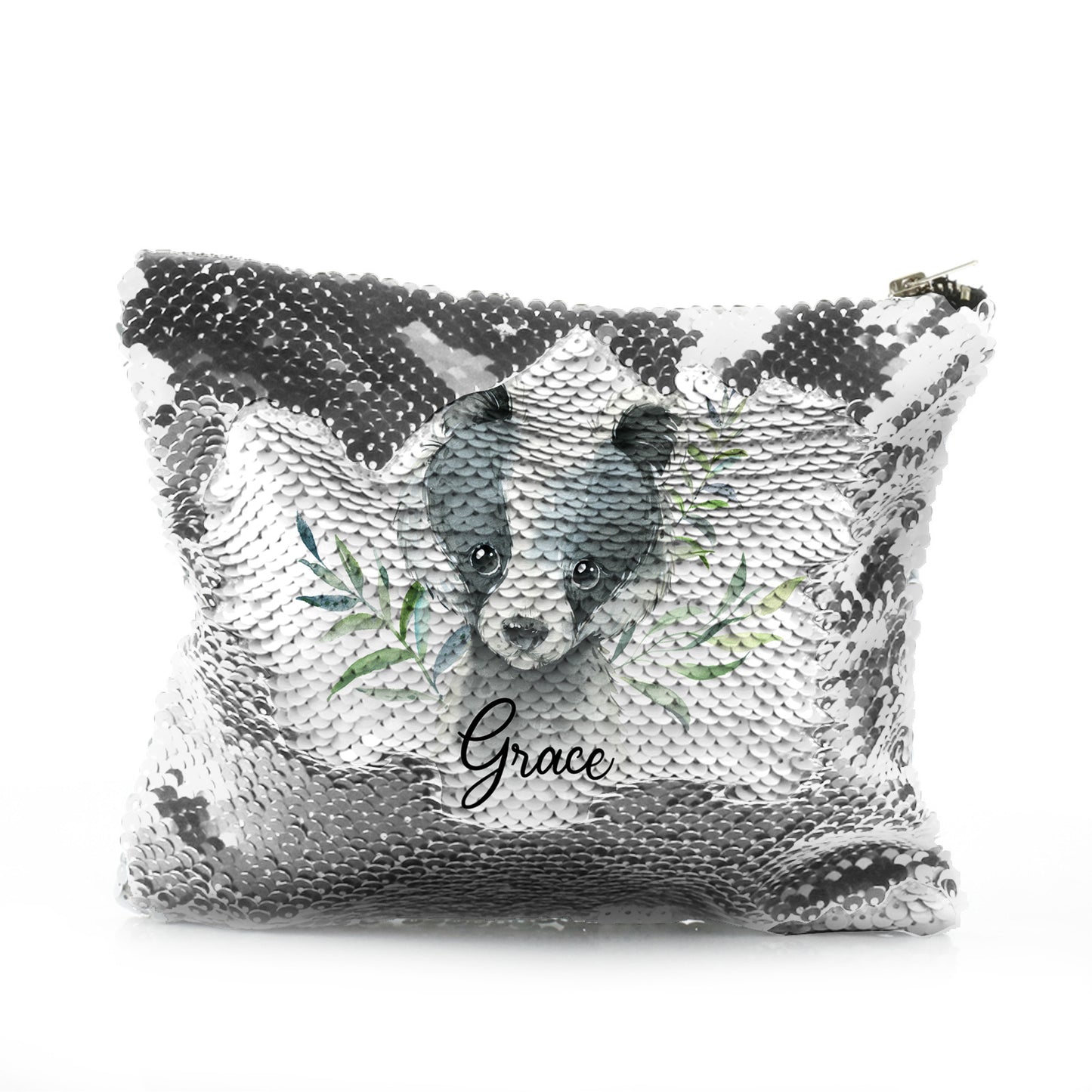 Personalised Sequin Zip Bag with Black and White Badger Leaves and Cute Text