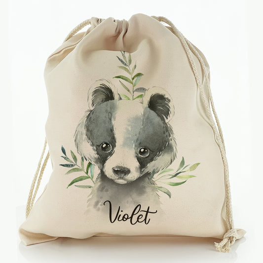 Personalised Canvas Sack with Black and White Badger Leaves and Cute Text