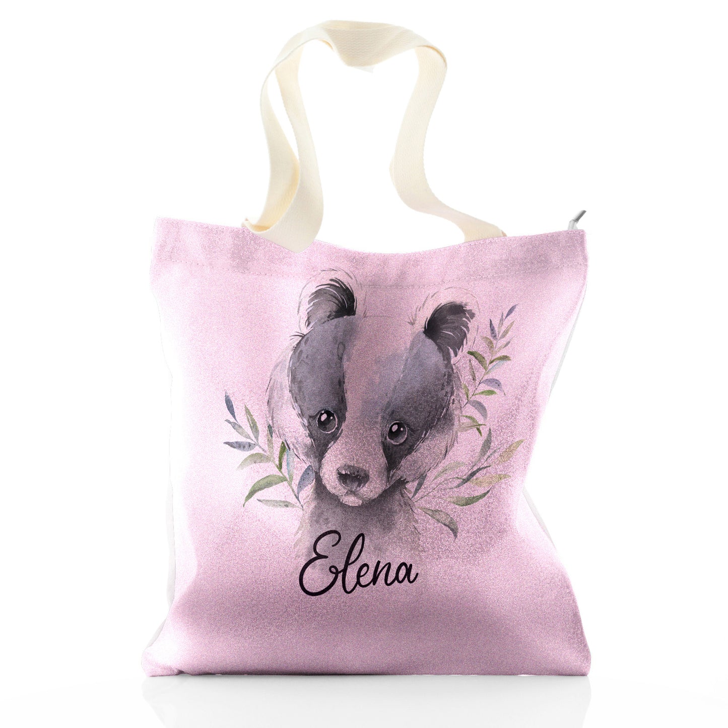 Personalised Glitter Tote Bag with Black and White Badger Leaves and Cute Text