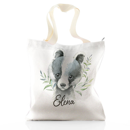 Personalised Glitter Tote Bag with Black and White Badger Leaves and Cute Text