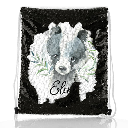 Personalised Sequin Drawstring Backpack with Black and White Badger Leaves and Cute Text