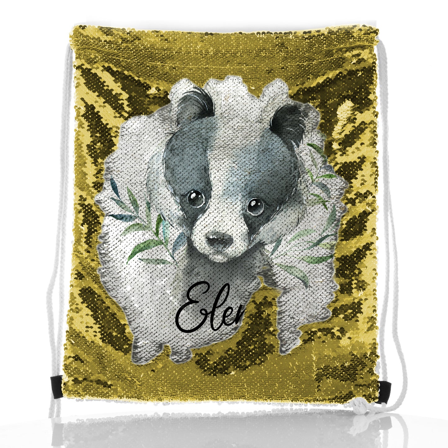 Personalised Sequin Drawstring Backpack with Black and White Badger Leaves and Cute Text
