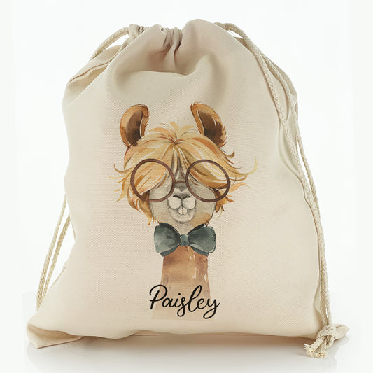 Personalised Canvas Sack with Alpaca Bow Tie and Glasses and Cute Text