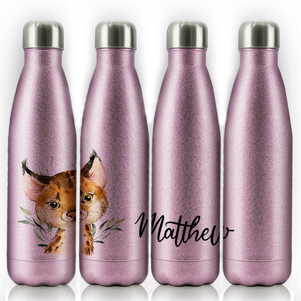 Personalised Spot Cat and Leaves and Name Cola Bottle