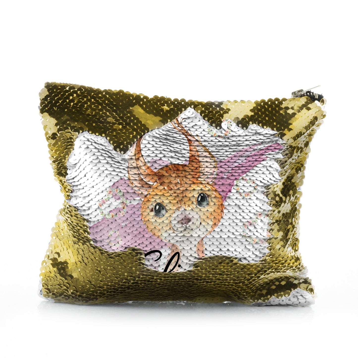 Personalised Sequin Zip Bag with Red squirrel Heart Wreaths and Cute Text
