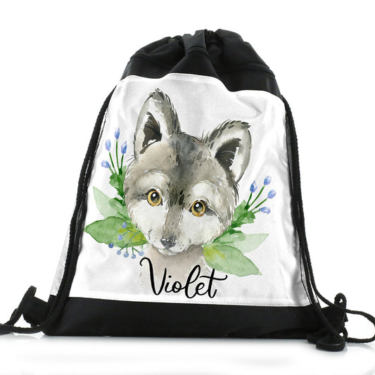 Personalised Wolf Blue Flowers and Name Black Drawstring Backpack