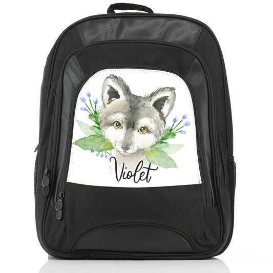 Personalised Large Multifunction Backpack with Grey Wolf Blue Flowers and Cute Text