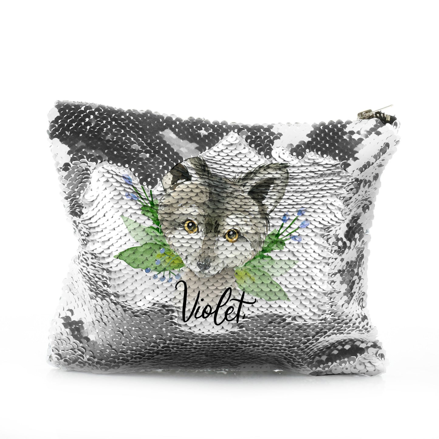 Personalised Sequin Zip Bag with Grey Wolf Blue Flowers and Cute Text