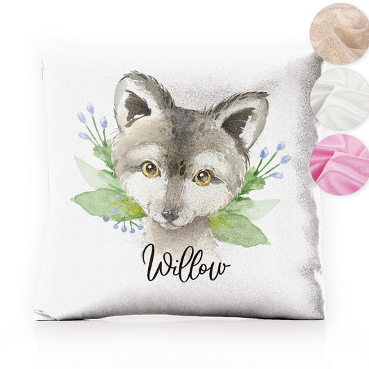 Personalised Glitter Cushion with Grey Wolf Blue Flowers and Cute Text