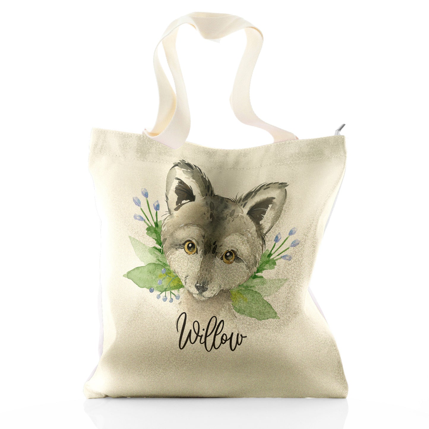 Personalised Glitter Tote Bag with Grey Wolf Blue Flowers and Cute Text