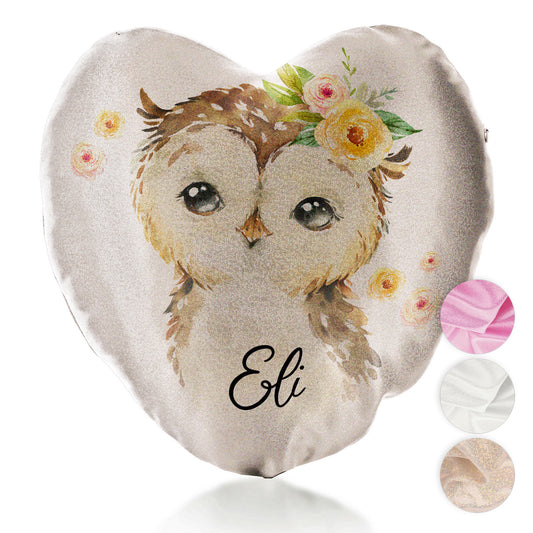 Personalised Glitter Heart Cushion with Brown Owl Yellow Flowers and Cute Text