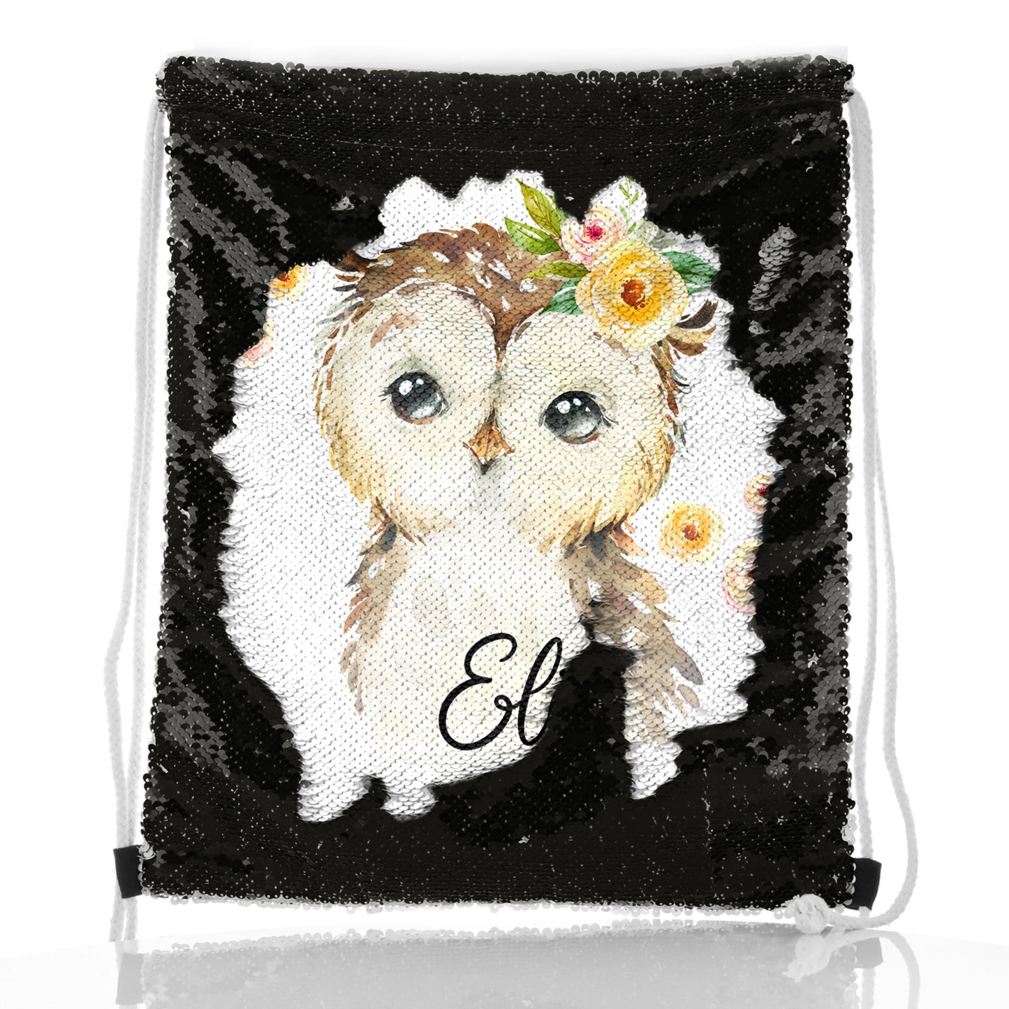 Personalised Sequin Drawstring Backpack with Brown Owl Yellow Flowers and Cute Text