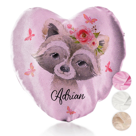Personalised Glitter Heart Cushion with Raccoon Pink Butterfly Flowers and Cute Text