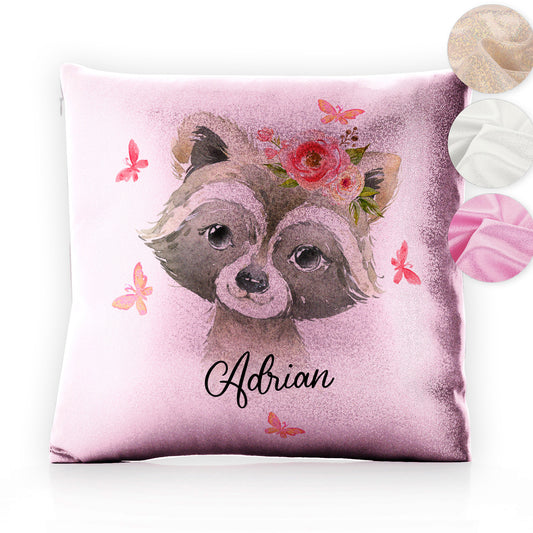 Personalised Glitter Cushion with Raccoon Pink Butterfly Flowers and Cute Text