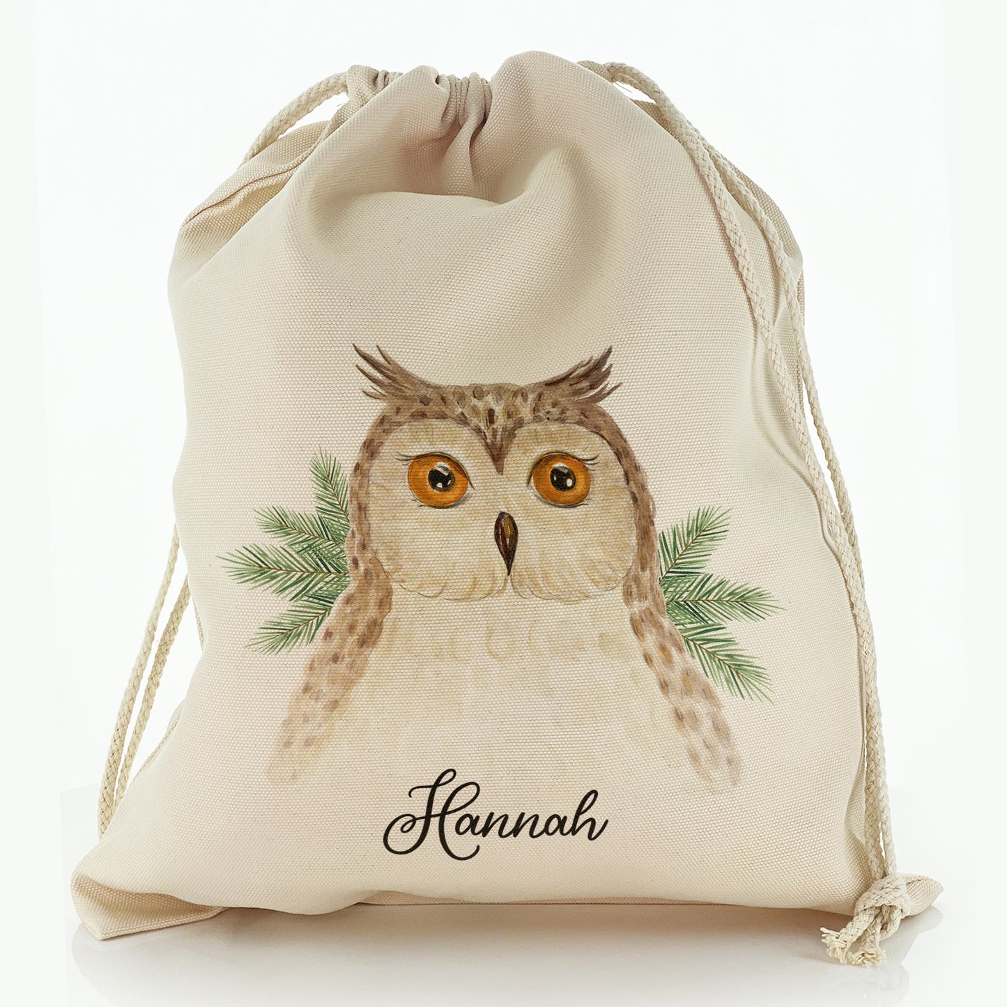 Personalised Canvas Sack with Brown Owl Pine Tree and Cute Text