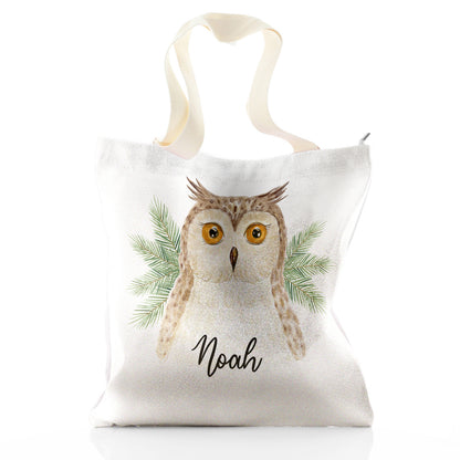 Personalised Glitter Tote Bag with Brown Owl Pine Tree and Cute Text
