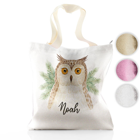 Personalised Glitter Tote Bag with Brown Owl Pine Tree and Cute Text