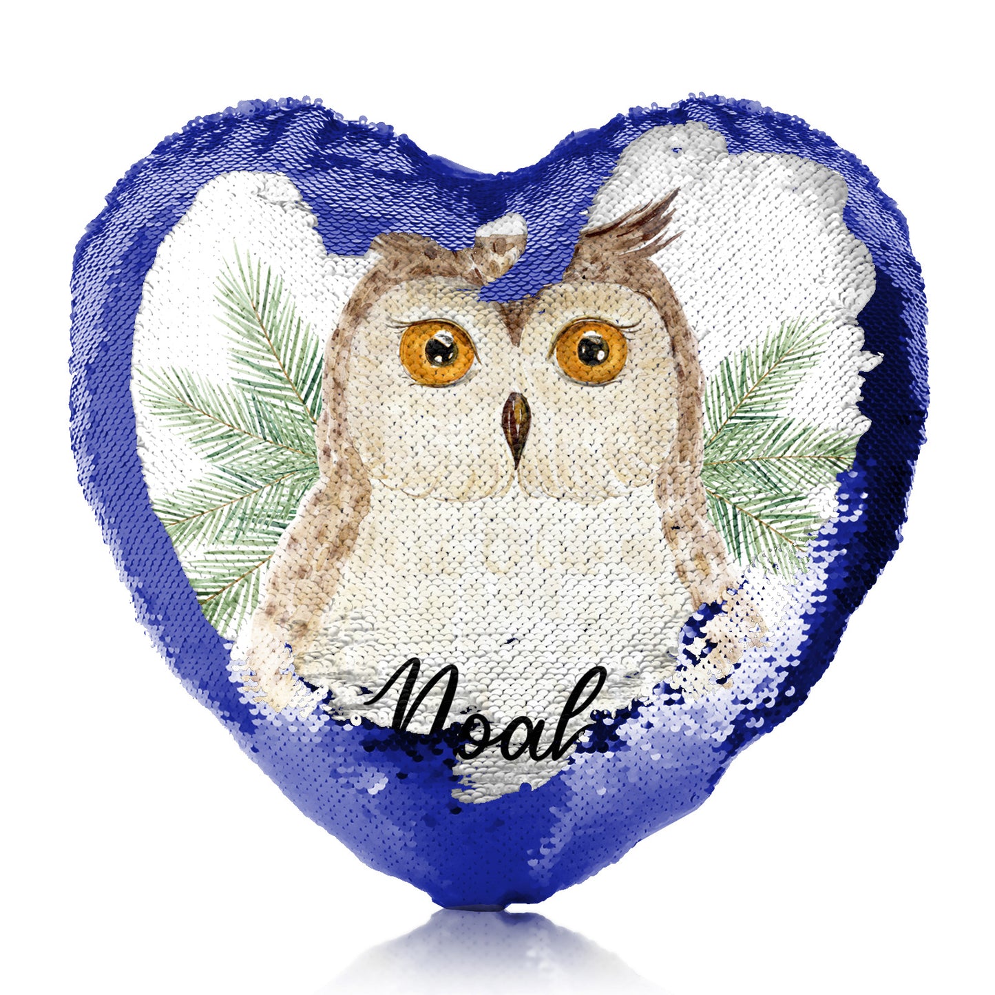 Personalised Sequin Heart Cushion with Brown Owl Pine Tree and Cute Text