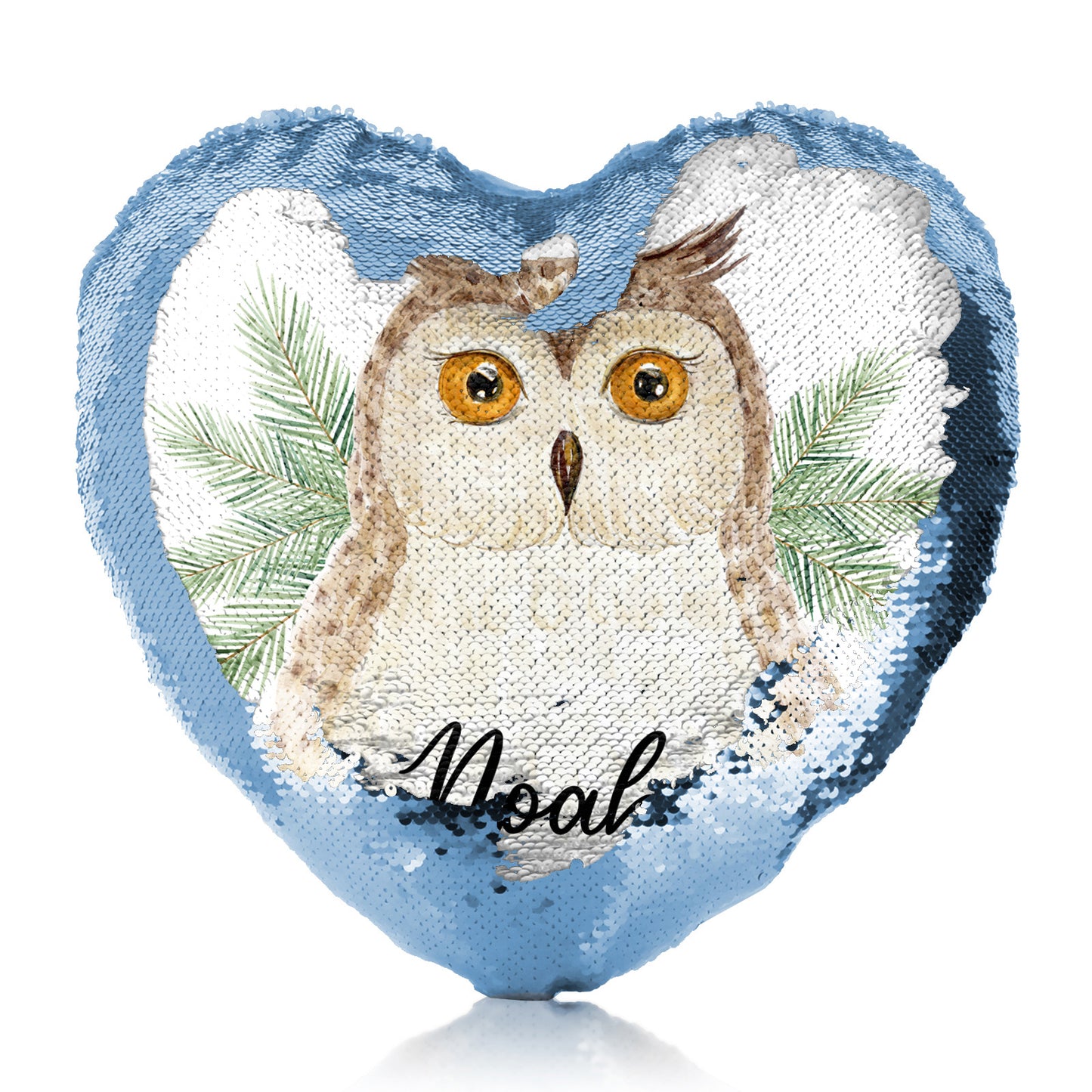 Personalised Sequin Heart Cushion with Brown Owl Pine Tree and Cute Text