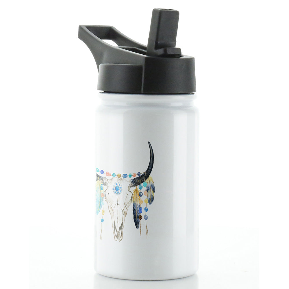 Personalised Cow Skull Feathers and Name White Sports Flask