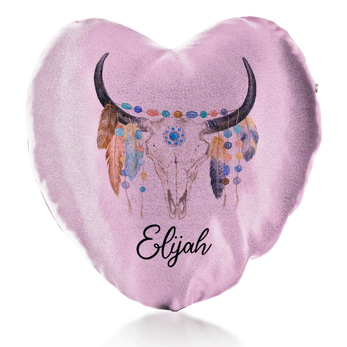 Personalised Glitter Heart Cushion with Cow Skull Feathers and Cute Text