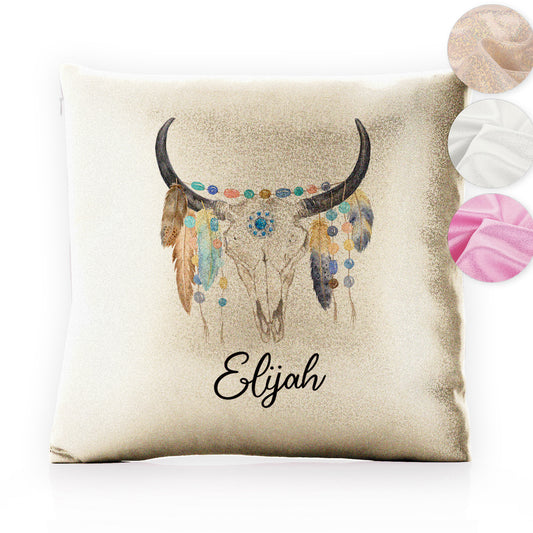 Personalised Glitter Cushion with Cow Skull Feathers and Cute Text