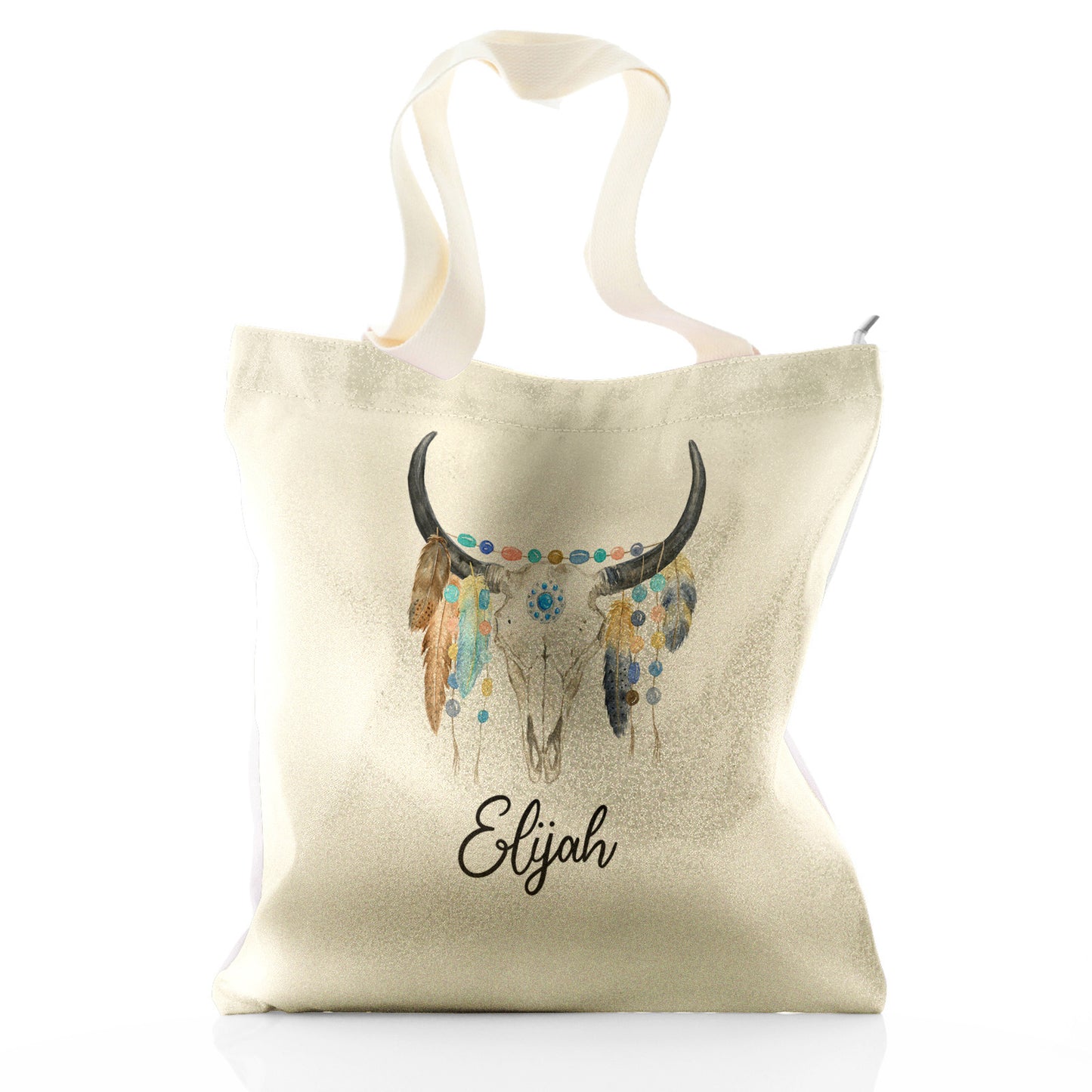 Personalised Glitter Tote Bag with Cow Skull Feathers and Cute Text