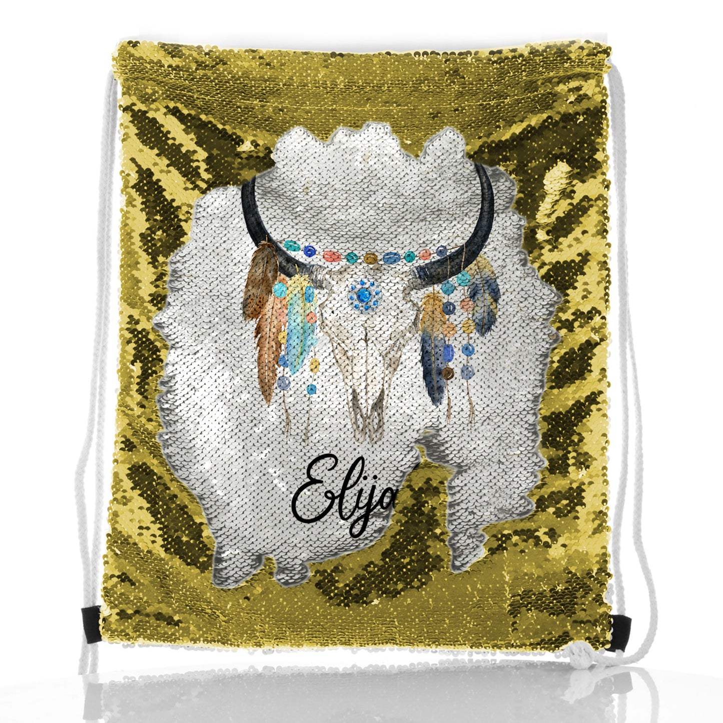 Personalised Sequin Drawstring Backpack with Cow Skull Feathers and Cute Text