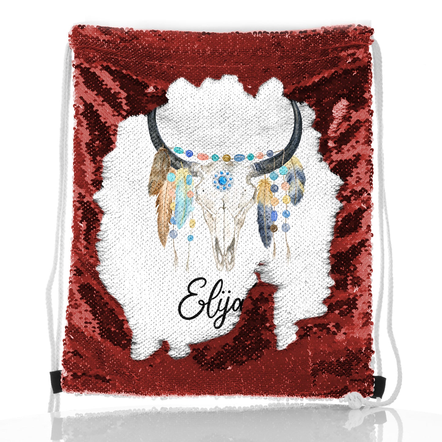 Personalised Sequin Drawstring Backpack with Cow Skull Feathers and Cute Text