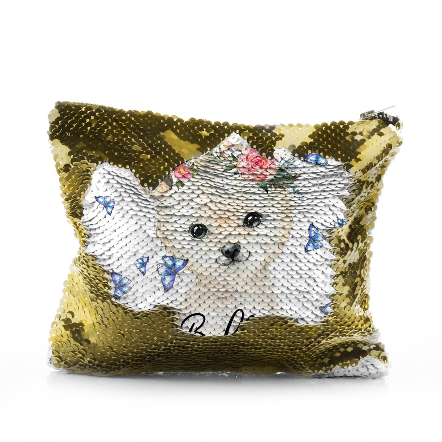 Personalised Sequin Zip Bag with White Polar Bear Blue Butterflies and Cute Text