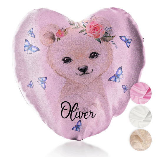 Personalised Glitter Heart Cushion with White Polar Bear Blue Butterflies and Cute Text