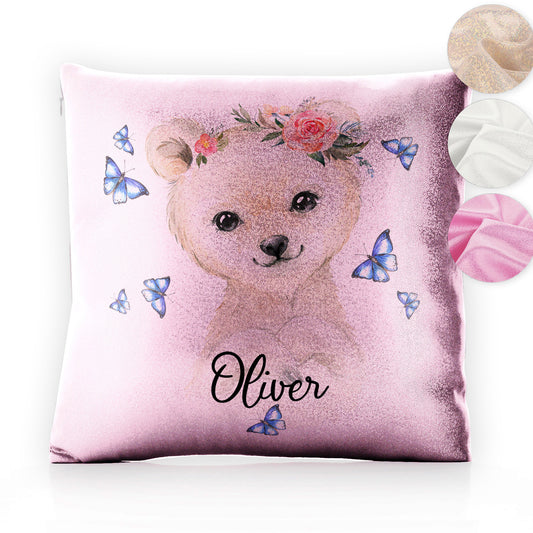 Personalised Glitter Cushion with White Polar Bear Blue Butterflies and Cute Text
