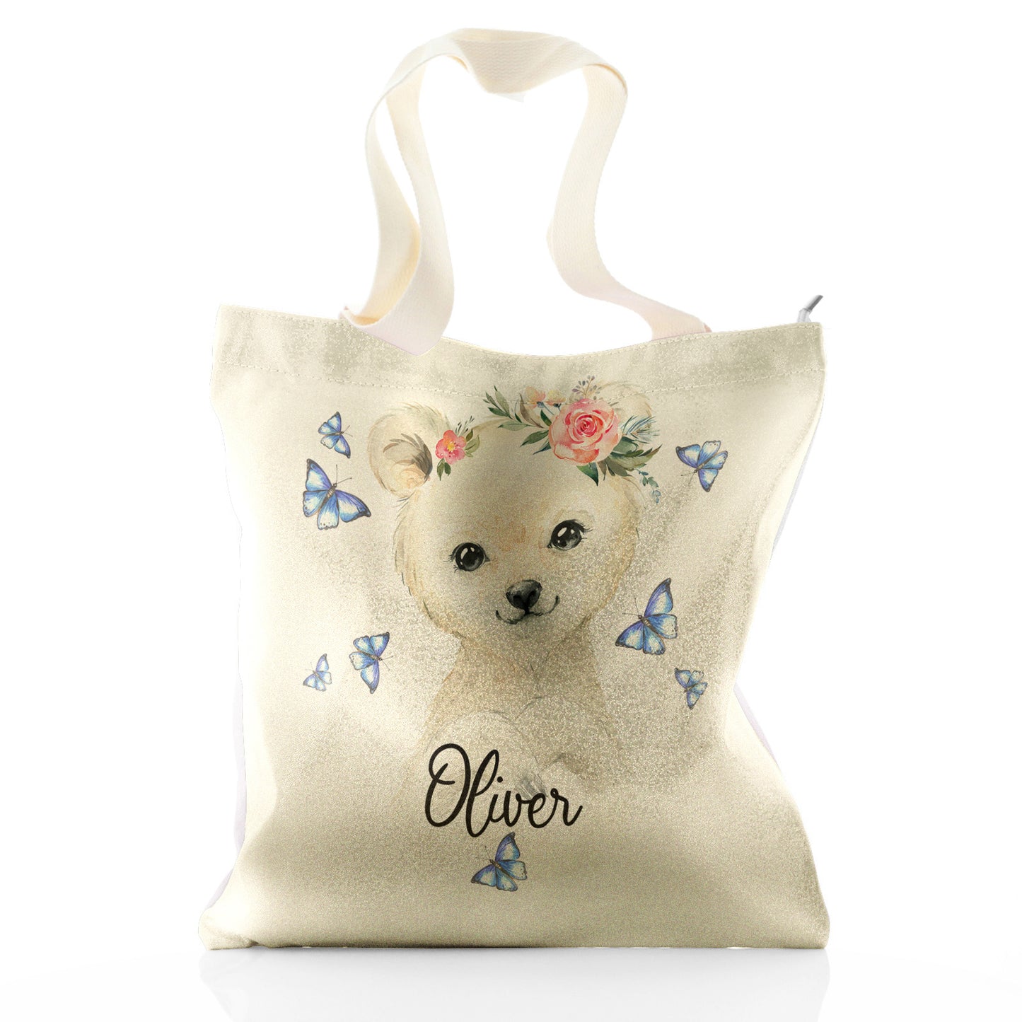 Personalised Glitter Tote Bag with White Polar Bear Blue Butterflies and Cute Text