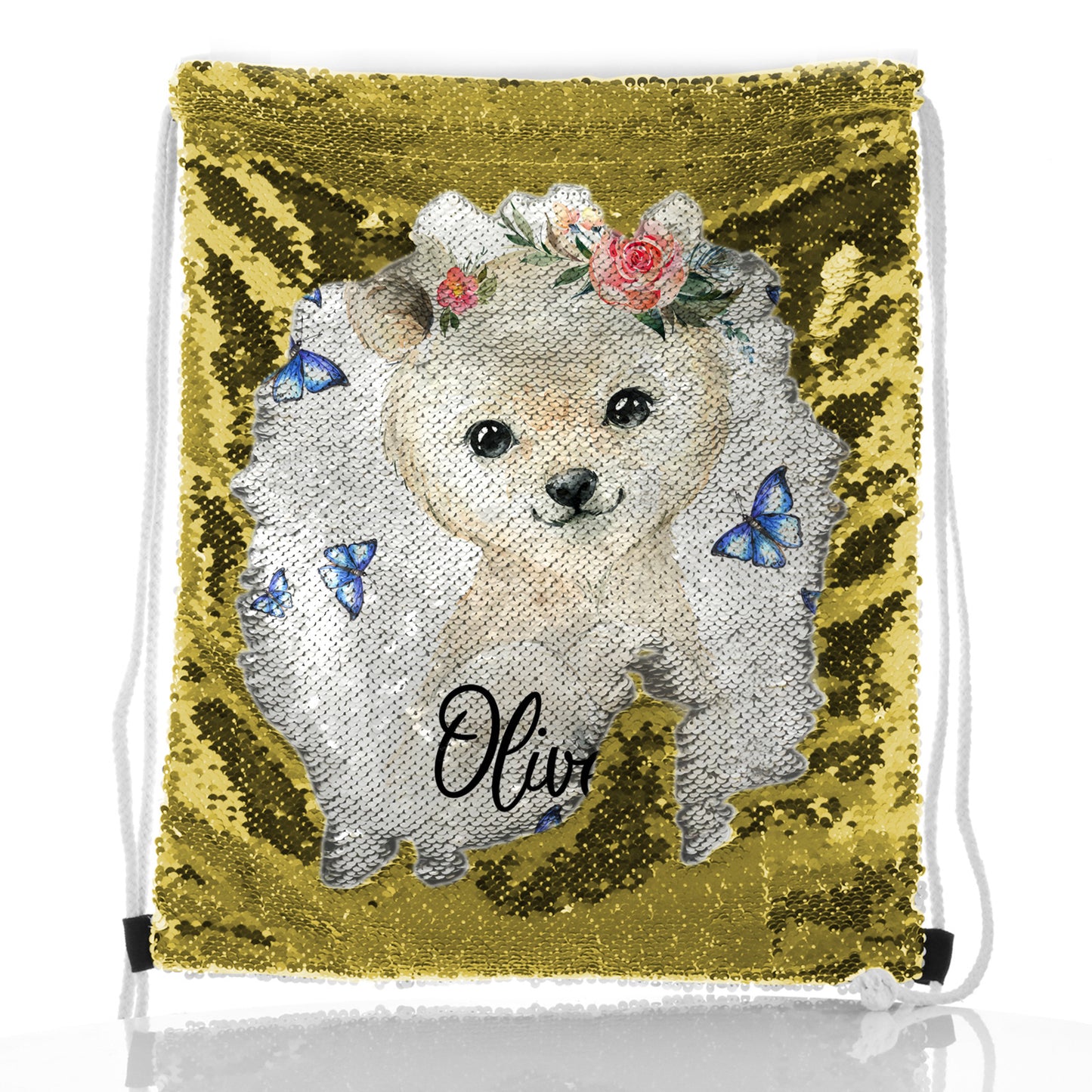 Personalised Sequin Drawstring Backpack with White Polar Bear Blue Butterflies and Cute Text