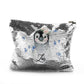 Personalised Sequin Zip Bag with Grey Penguin Blue Butterflies and Cute Text