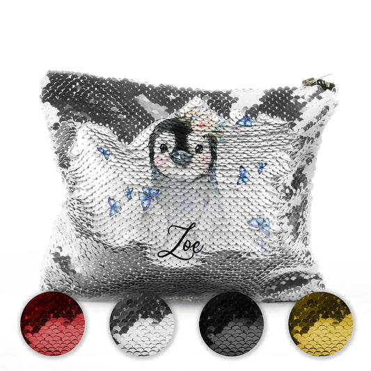 Personalised Sequin Zip Bag with Grey Penguin Blue Butterflies and Cute Text