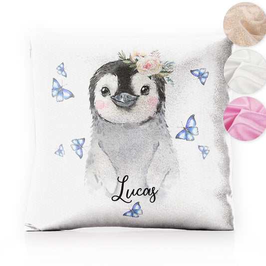 Personalised Glitter Cushion with Grey Penguin Blue Butterflies and Cute Text