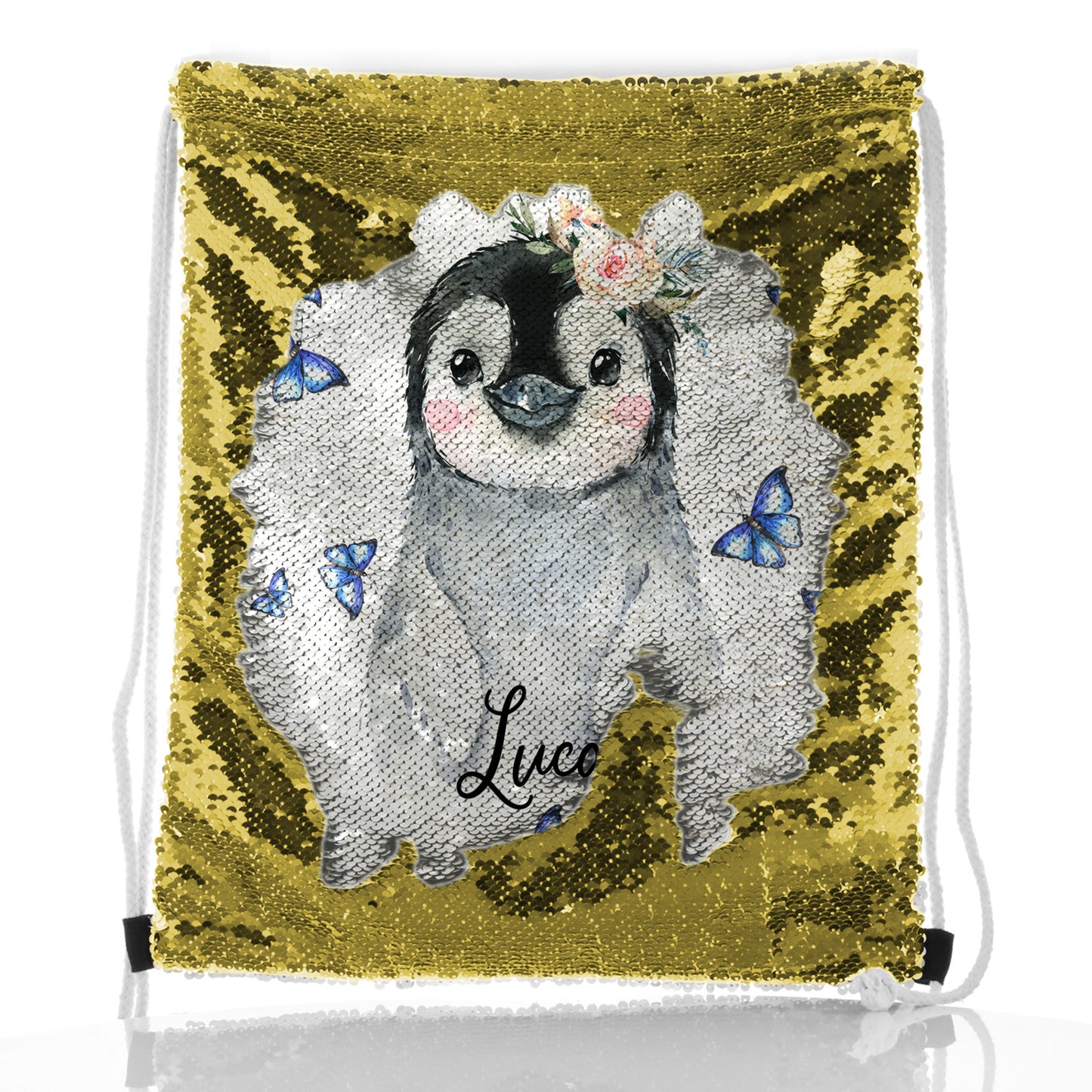 Personalised Sequin Drawstring Backpack with Grey Penguin Blue Butterflies and Cute Text