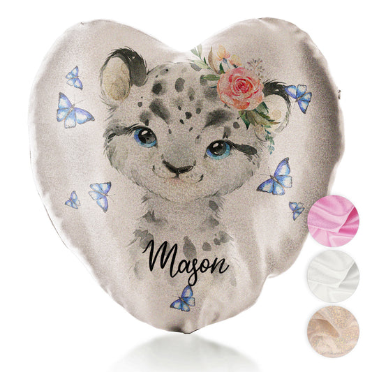 Personalised Glitter Heart Cushion with Snow Leopard Blue Butterflies and Cute Text