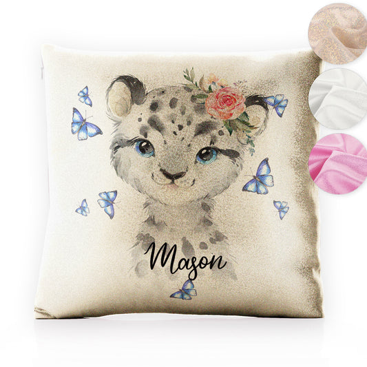 Personalised Glitter Cushion with Snow Leopard Blue Butterflies and Cute Text