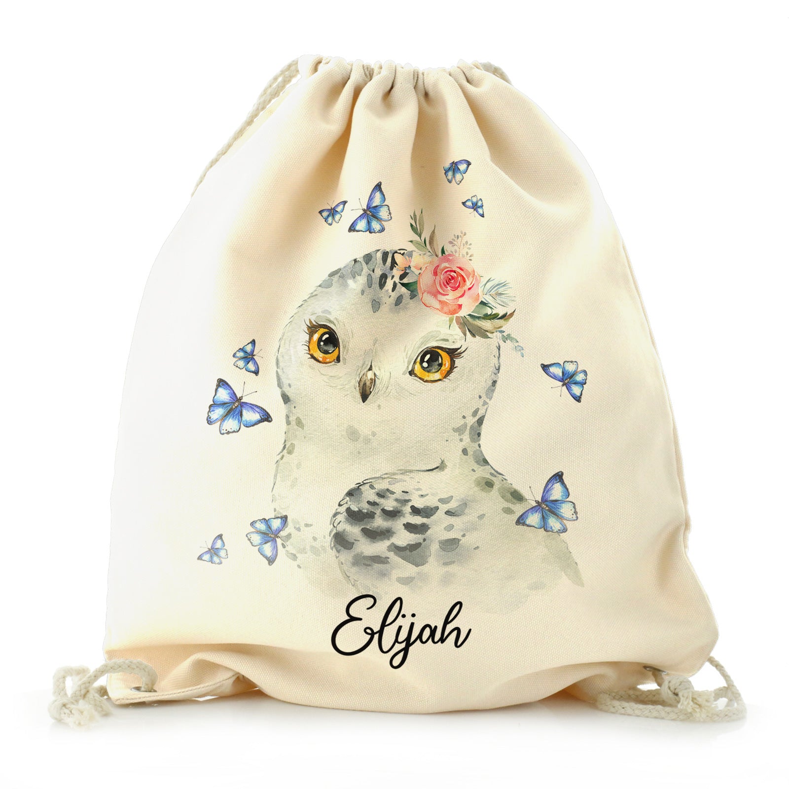 Personalised Canvas Drawstring Backpack with Snow Owl Blue Butterfly and Cute Text