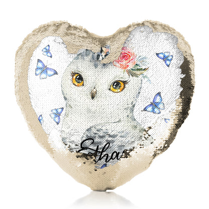 Personalised Sequin Heart Cushion with Snow Owl Blue Butterfly and Cute Text