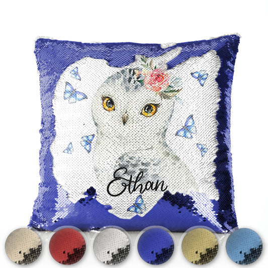 Personalised Sequin Cushion with Snow Owl Blue Butterfly and Cute Text