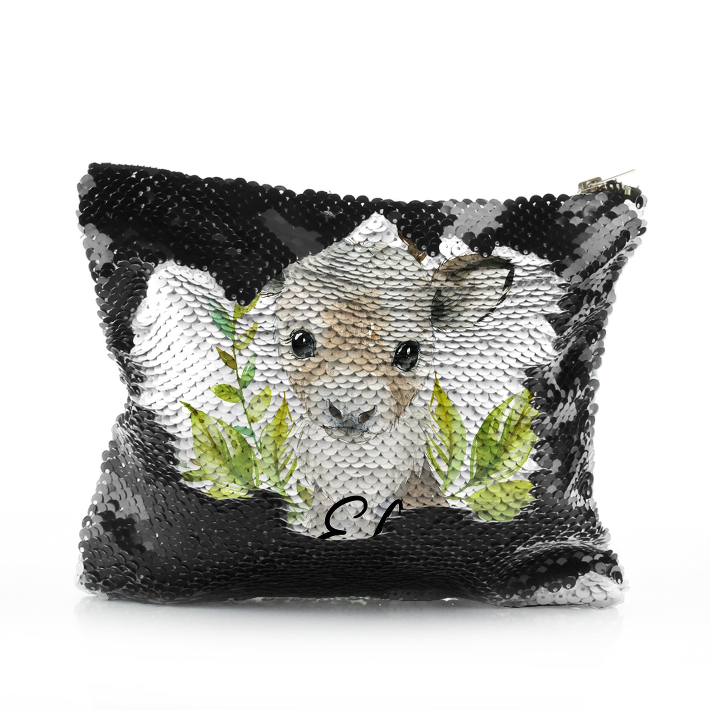 Personalised Sequin Zip Bag with Christmas Reindeer Deer Green Leaves and Cute Text
