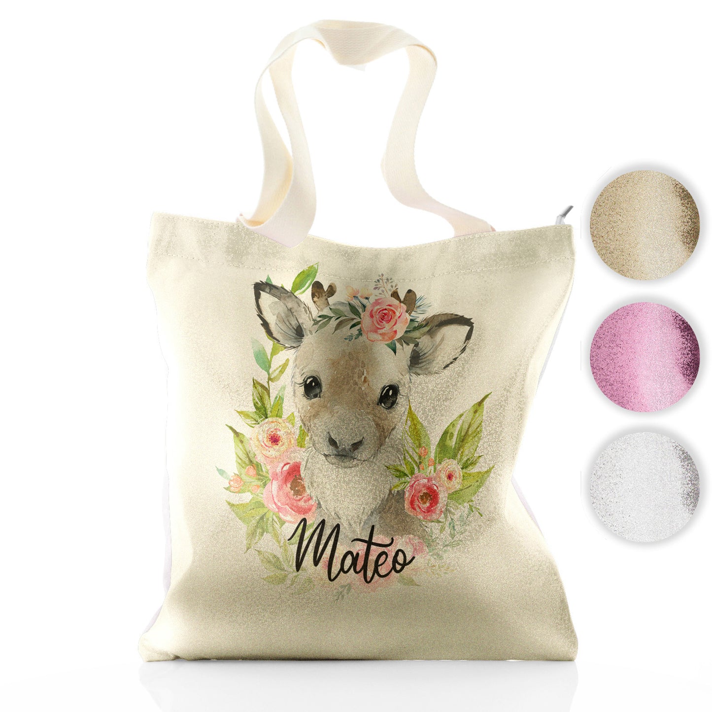 Personalised Glitter Tote Bag with Reindeer Pink Flowers and Cute Text