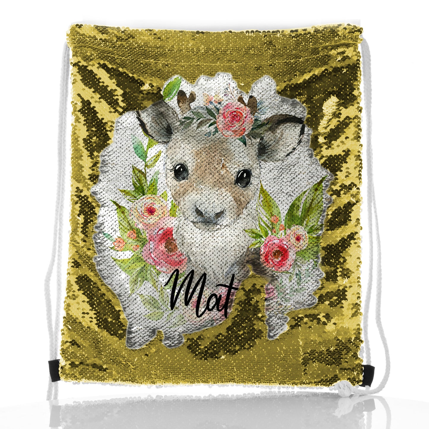 Personalised Sequin Drawstring Backpack with Reindeer Pink Flowers and Cute Text