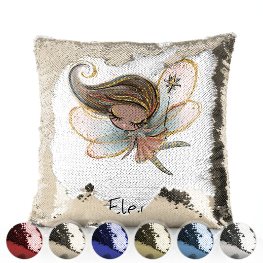 Personalised Sequin Cushion with Cute Text and Gold Wand Brown Hair Fairy